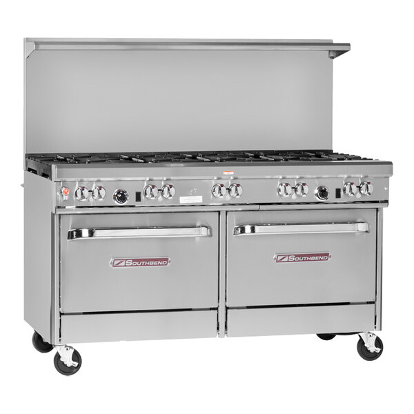 A large stainless steel Southbend commercial gas range with 6 burners and a griddle over two ovens.