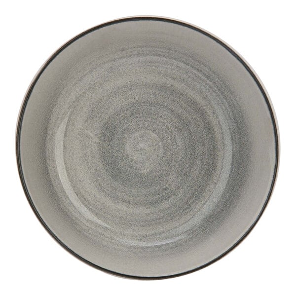A grey stoneware bowl with a black rim.