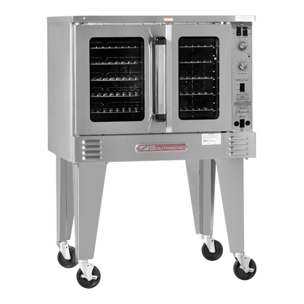 A Southbend Platinum Series commercial electric convection oven with a door and wheels.