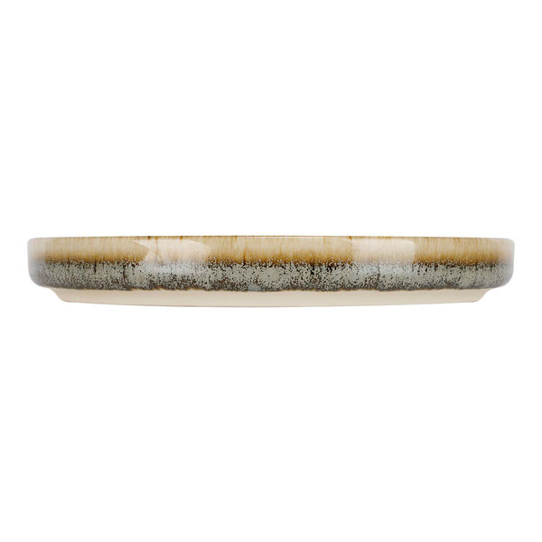 A close up of a green porcelain plate with a white and brown stripe.