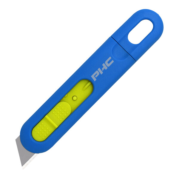A blue and yellow Pacific Handy Cutter Auto-Retract Volo safety knife.