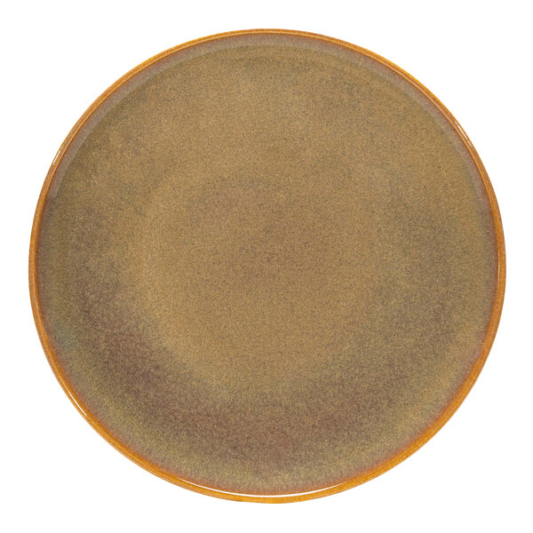 A brown stoneware deep coupe plate with a brown rim.