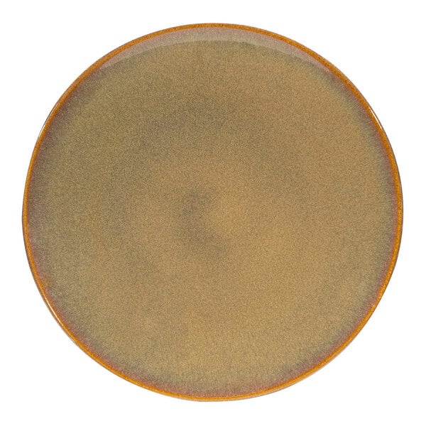 A brown Cosy & Trendy stoneware coupe plate with a brown rim.