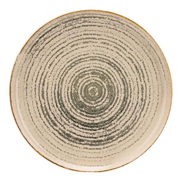 A close up of a Cosy & Trendy gray stoneware coupe plate with a circular design.