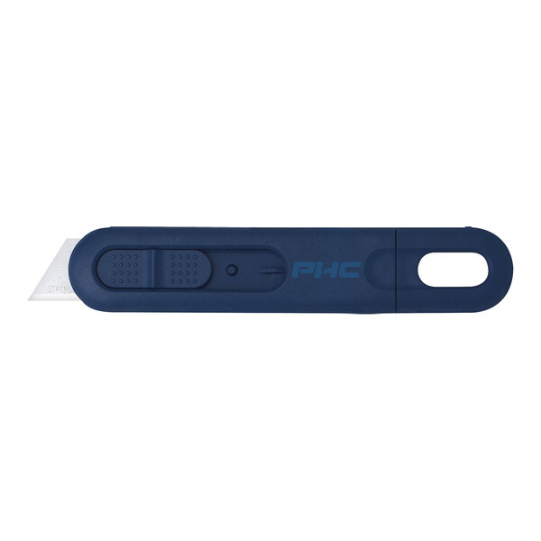 A blue and black Pacific Handy Cutter Auto-Retract Volo safety knife with a blue rectangular logo on the handle.