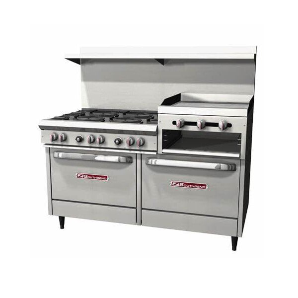 A stainless steel Southbend commercial gas range with 8 burners, a raised griddle/broiler, and 2 ovens.