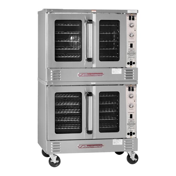 A double deck full size natural gas convection oven with five shelves and stainless steel exterior.