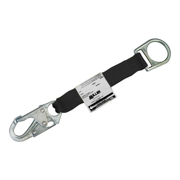 A black Honeywell Miller safety strap with a D-ring and snap hook.