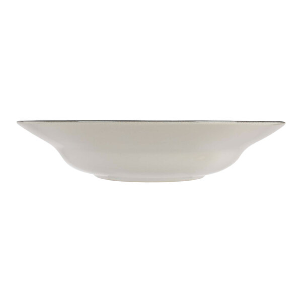 A gray stoneware bowl with a black border.
