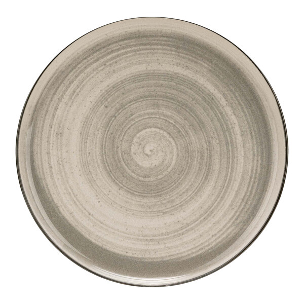 A close-up of a Cosy & Trendy gray stoneware coupe plate with a spiral design on it.