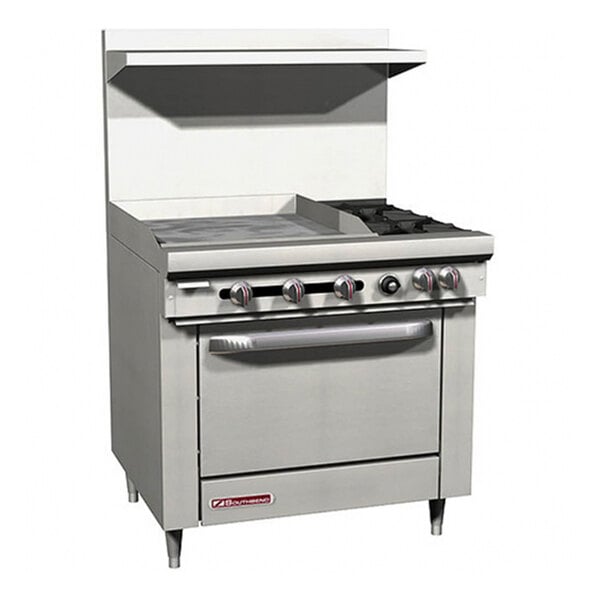 A large stainless steel Southbend S-Series range with a griddle, two burners, and a space-saver oven.