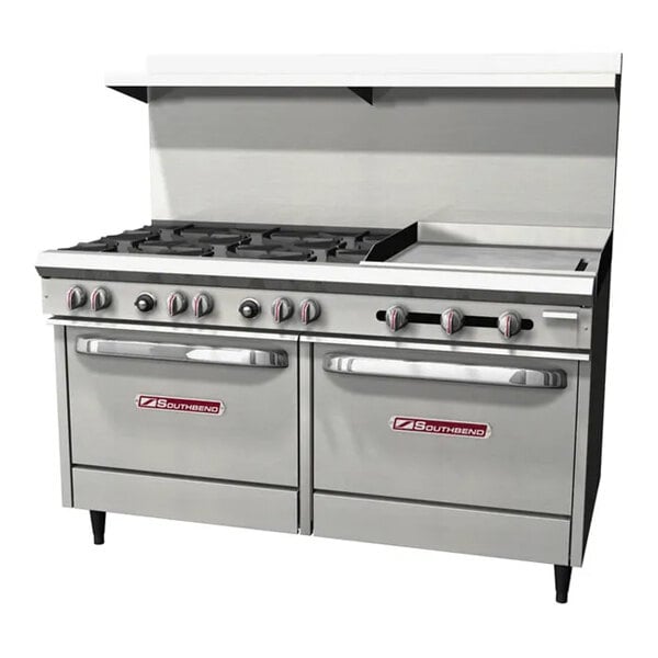 A large stainless steel Southbend S-Series gas range with 6 burners, a griddle, and 2 ovens.
