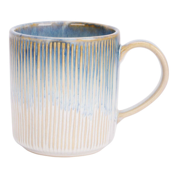 A beige mug with blue and gold stripes and a handle.
