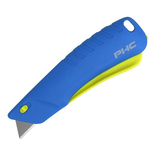 A blue and yellow Pacific Handy Cutter Auto-Retract Rebel safety knife with a yellow handle.