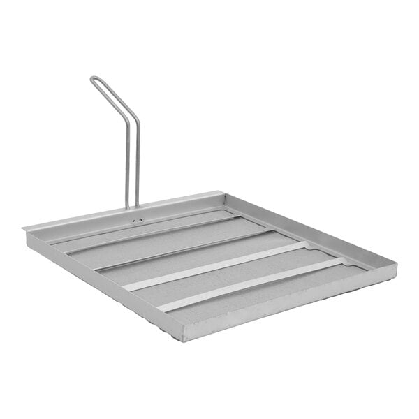 A stainless steel tray with a metal grid and a handle.