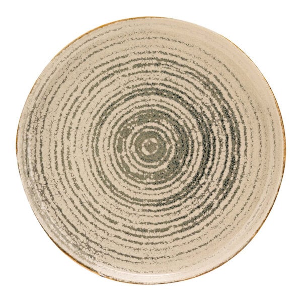 A white stoneware bowl with a gray circular pattern.