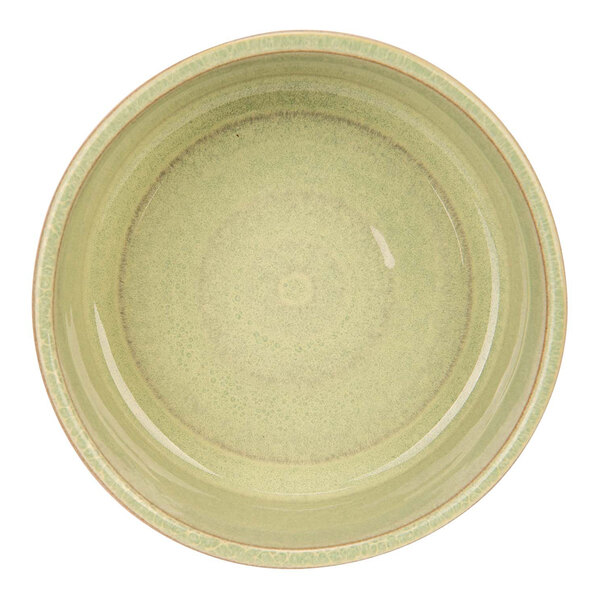A close-up of a mint green Cosy & Trendy stoneware plate with a white border.