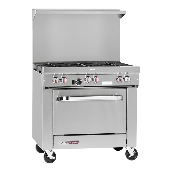 A stainless steel Southbend S-Series commercial gas range with six burners.