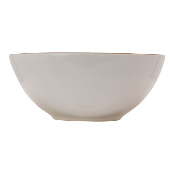 A white bowl with a brown rim.