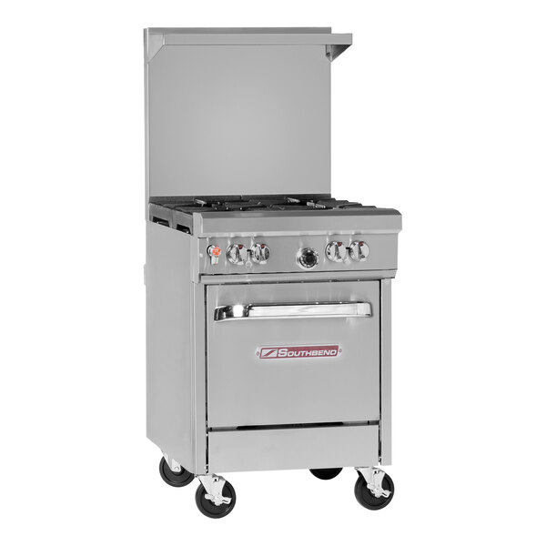 A stainless steel Southbend commercial gas range with four burners.