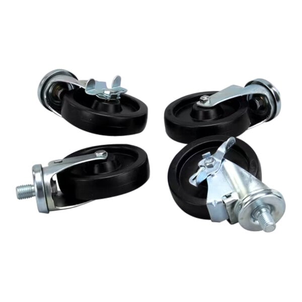 A set of four black and silver Southbend casters with metal nuts.