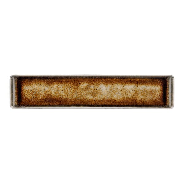 A brown porcelain rectangular serving plate with white background.