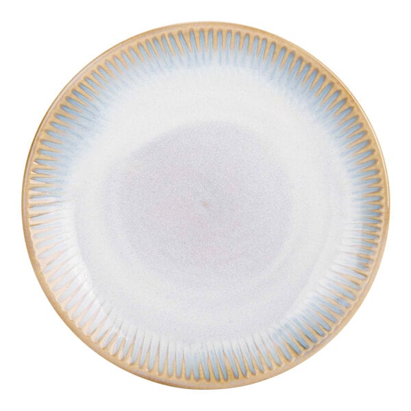 A white porcelain coupe plate with beige and blue stripes and a black center.
