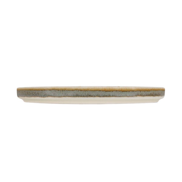A close up of a green Cosy & Trendy Melia porcelain raised plate with brown and green stripes.