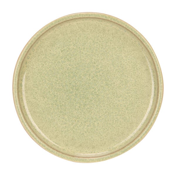 A close-up of a mint green Cosy & Trendy stoneware saucer with a brown rim.
