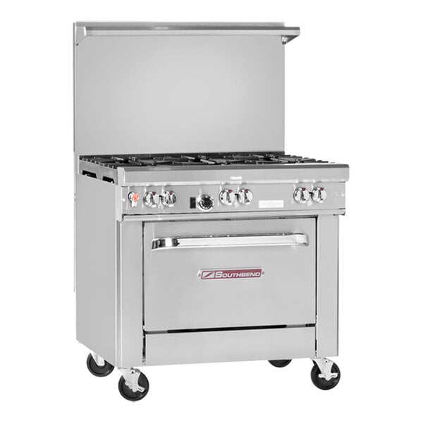 A stainless steel Southbend commercial gas range with four burners and a standard oven.