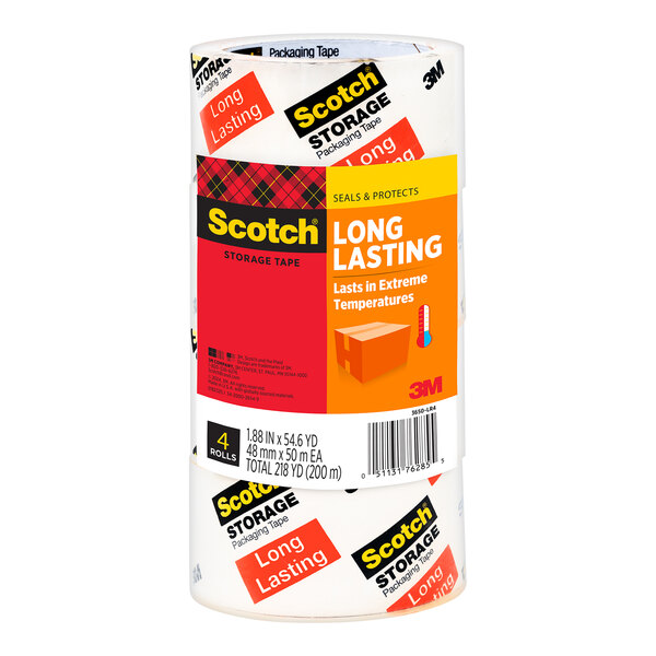 A 3M Scotch long-lasting packaging tape roll with red and yellow labels.