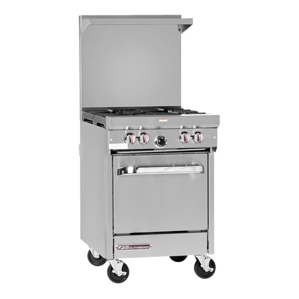 A stainless steel Southbend S-Series gas range with four burners and a space-saver oven.