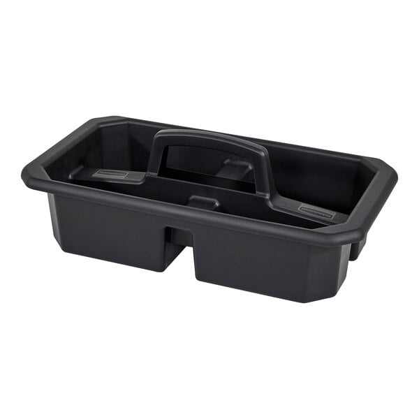 A black plastic Rubbermaid divided cleaning caddy with a handle.