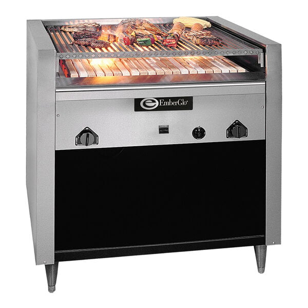 An EmberGlo liquid propane charbroiler with meat cooking on the grill over an open flame.