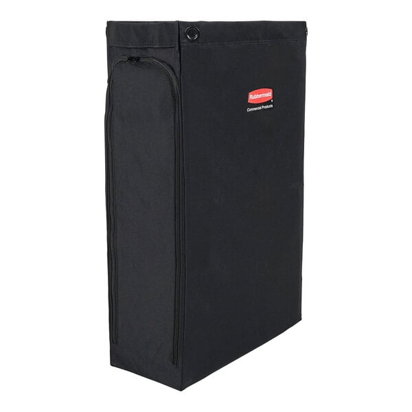 A black rectangular Rubbermaid linen bag with a red label.