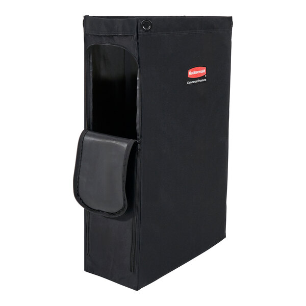 A black rectangular Rubbermaid linen bag with a pocket on the side.