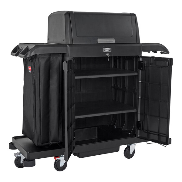 A black Rubbermaid housekeeping cart with open doors.