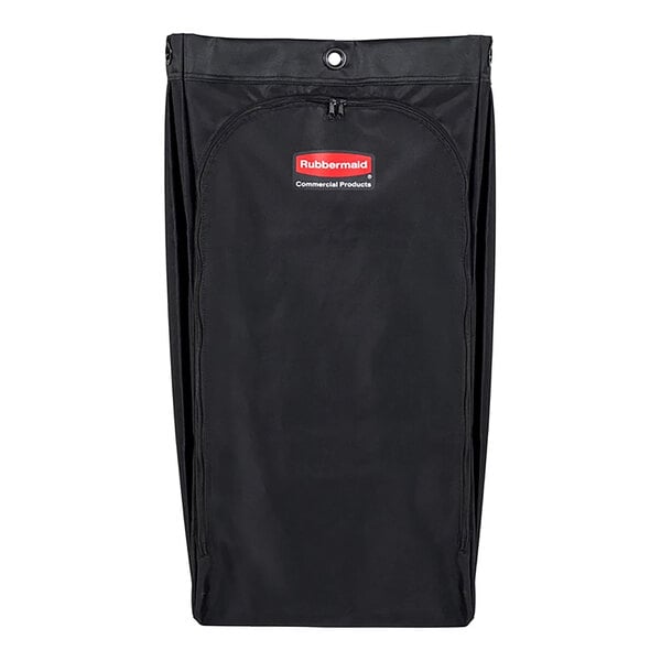 A black Rubbermaid linen bag with a red logo.