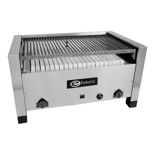 A stainless steel EmberGlo countertop charbroiler with a metal rack and black handle.