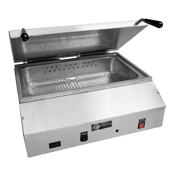A large stainless steel countertop steamer with a lid.