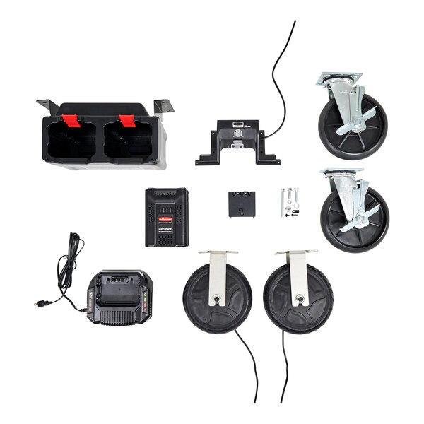 A black and red Rubbermaid ProPwr motorized device with black wheels and power cord.