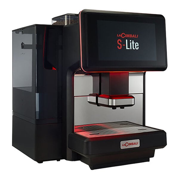 A black LaCimbali S-Lite espresso machine with red accents.