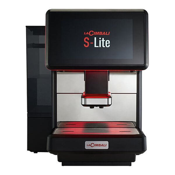 A black LaCimbali S-Lite espresso machine with red text on the screen.