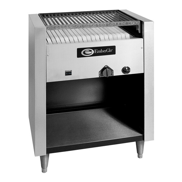 An EmberGlo liquid propane charbroiler with an open front and lid open over a grill rack.