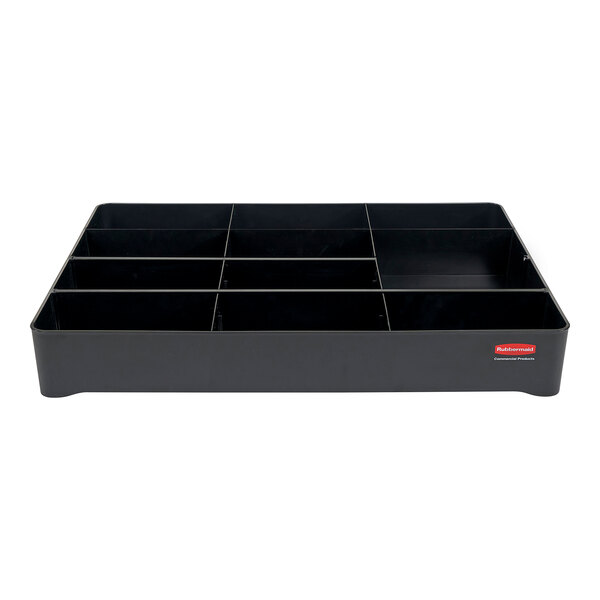 A black Rubbermaid® tray organizer with 12 slots.