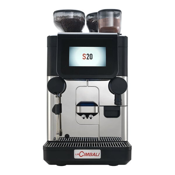 A LaCimbali S20 super automatic espresso machine with two cups of coffee on the side.