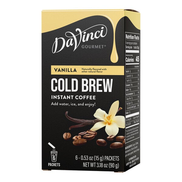 A black box of DaVinci Gourmet Vanilla Cold Brew Instant Coffee single-serve packets.