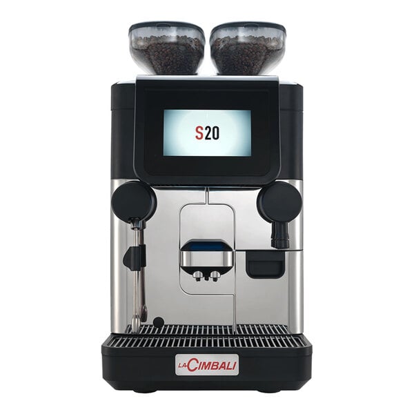 A LaCimbali S20 espresso machine on a white background with two bowls of coffee on top.