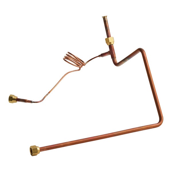 A copper water intake tube assembly with a hose attached.