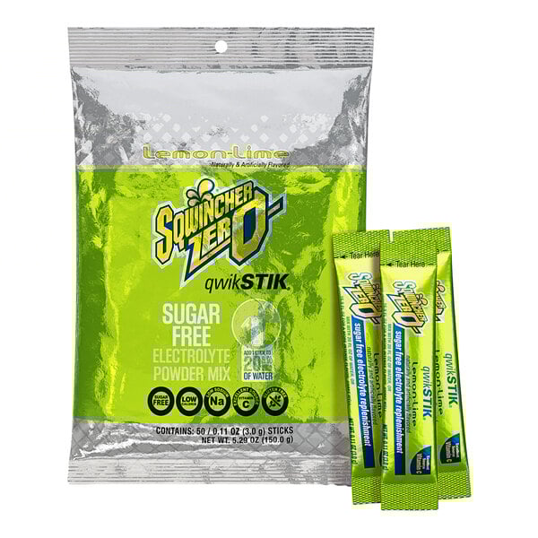 A close up of a green and blue Sqwincher QwikStik Zero Lemon-Lime drink mix package.